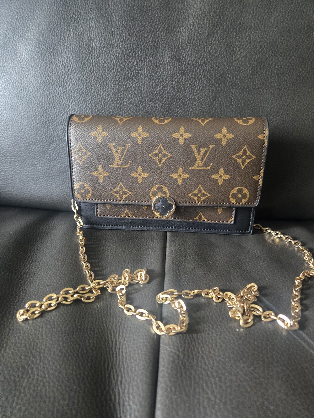 Unbranded Brown & Black Monogram Crossbody W/ Gold Chain